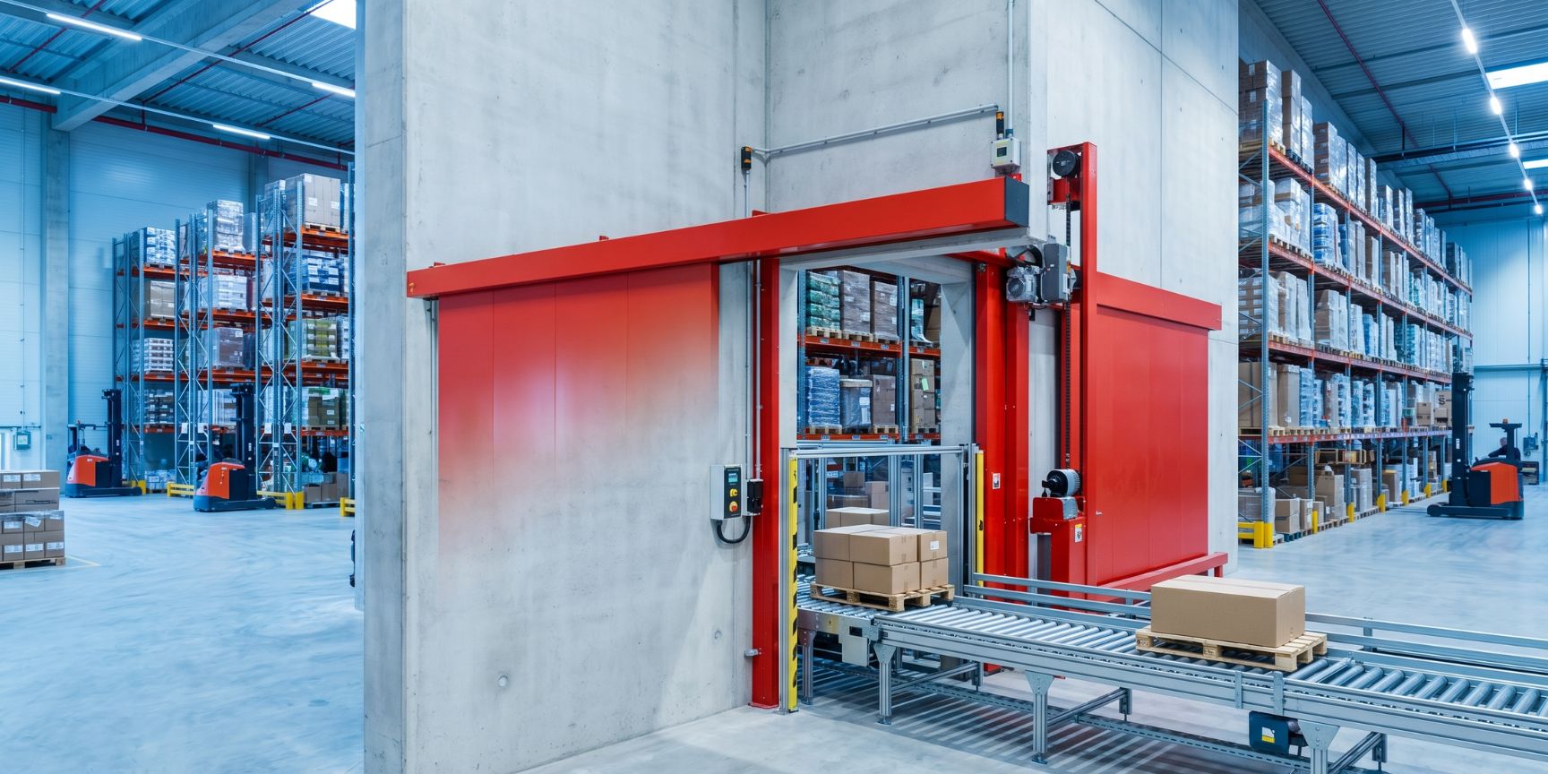 Realistisches Bild eines geschlossenen, automatisch betriebenen Brandschutz-Schiebetors (A-FAA) in einer Beton-Brandwand einer Logistikimmobilie. Fördertechnik und Regale sind sichtbar. Effektive Trennung von Brandabschnitten. Kein Text.